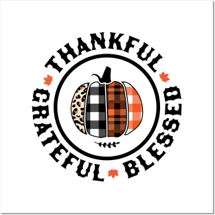 Thankful Grateful Blessed Orange Plaid Leopard Pumpkin Fall Posters and Art